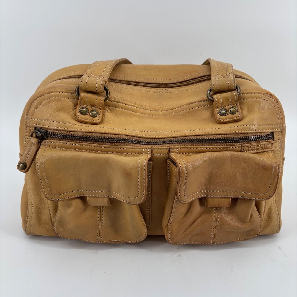 Fossil Leather Satchel Bag Womens Medium Tan Multi-Pocket Vintage Aesthetic